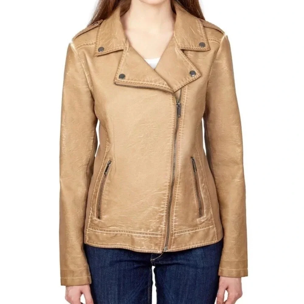 Sebby Faux Leather Moto Jacket XL Taupe Tan w/ Stretch Knit Sides - Picture 6 of 9